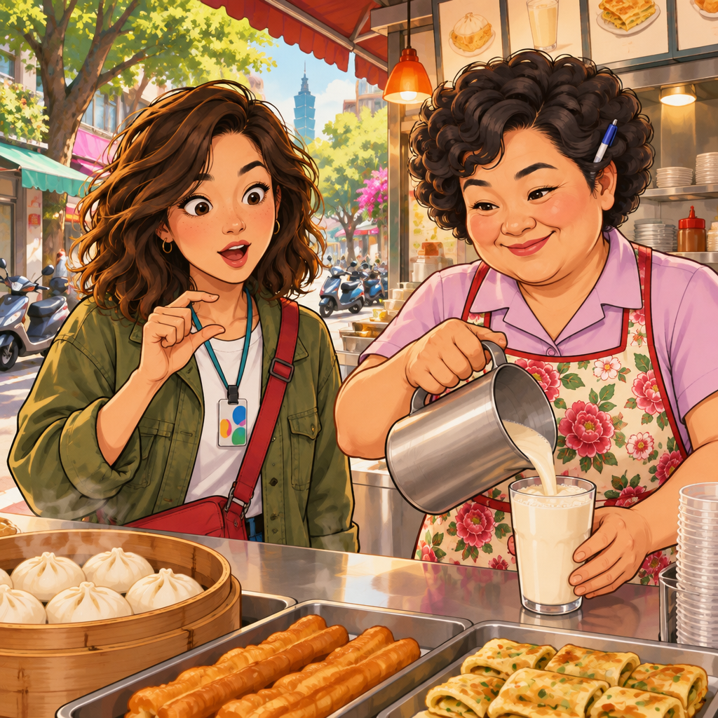 Maya pinches her fingers close together to ask for just a little soy milk as Auntie Lin pours a full cup.