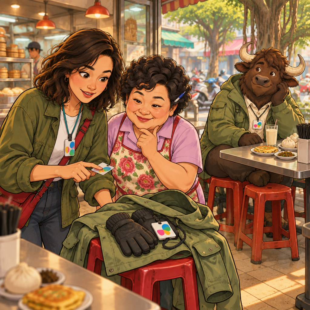 Maya and Auntie Lin look over a raincoat resting on a stool, gloves, and A-Li’s EasyCard while A-Li sits at the back table with unfinished soy milk.