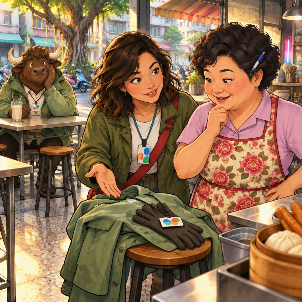 Maya gestures toward the raincoat on the stool as she asks Auntie Lin whether it belongs to her.