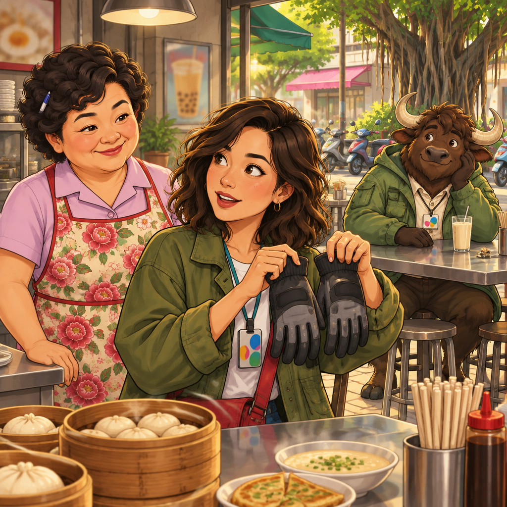 Maya lifts the pair of gloves and looks to Auntie Lin to ask who they belong to.