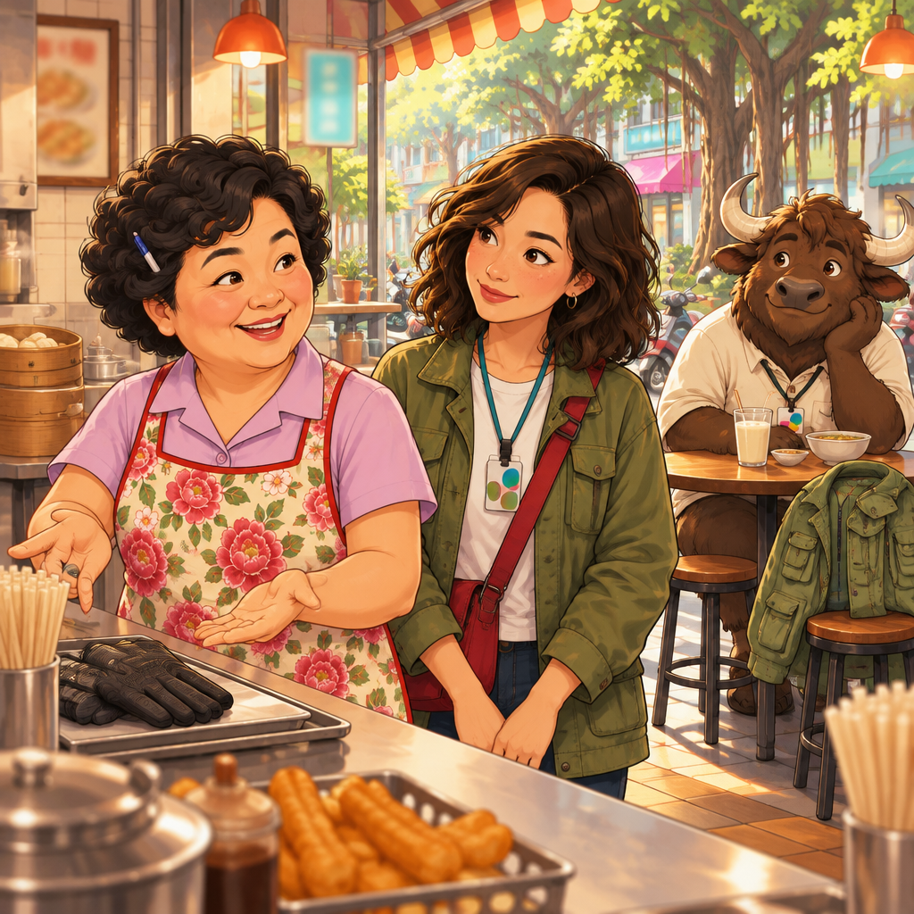 Auntie Lin indicates the gloves as belonging to her friend while Maya listens.