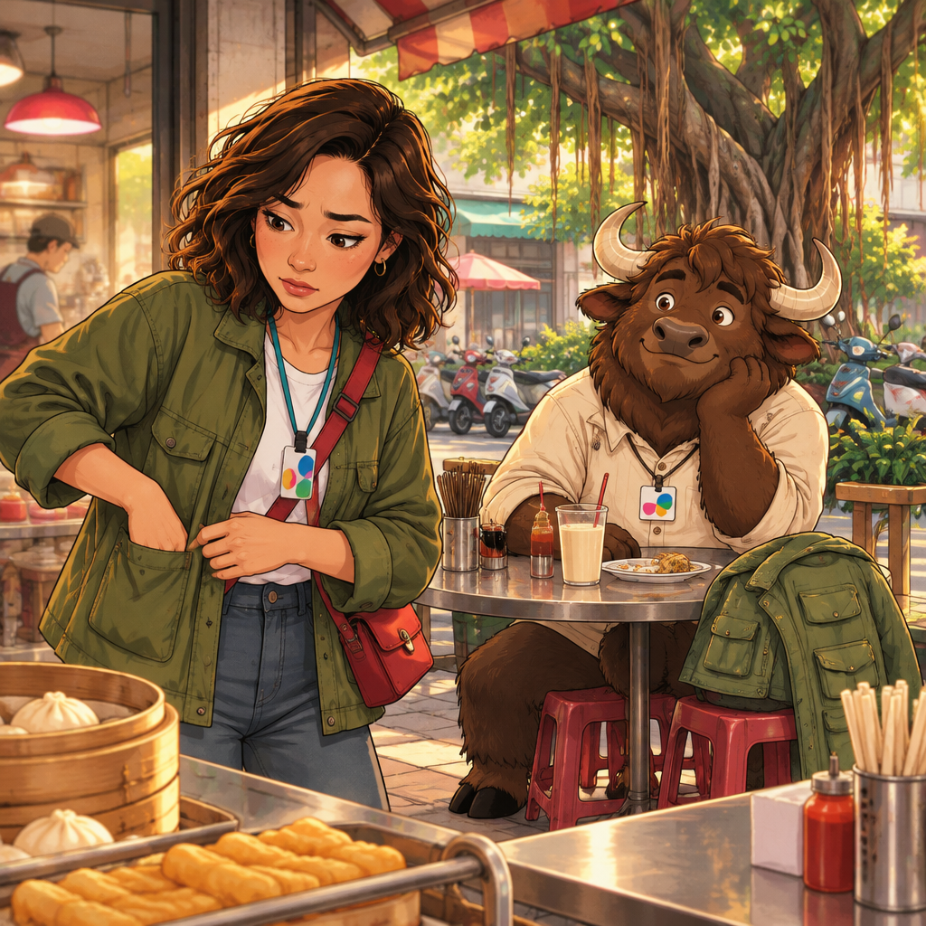 Maya checks her pocket for her missing key while A-Li sits at the back table with unfinished soy milk and his raincoat beside him.