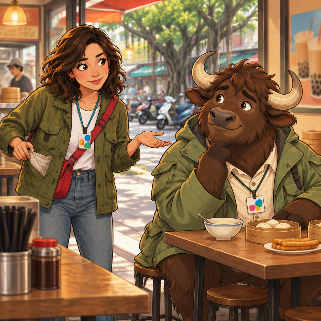 Maya holds up her empty hand and looks across the breakfast shop toward A-Li as she asks where her key is.