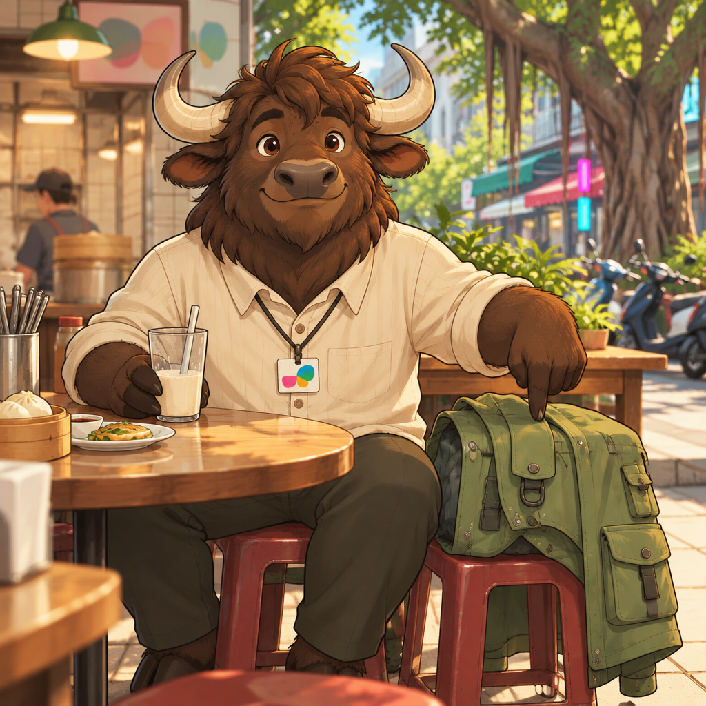A-Li points directly to the raincoat beside him while his soy milk remains unfinished.