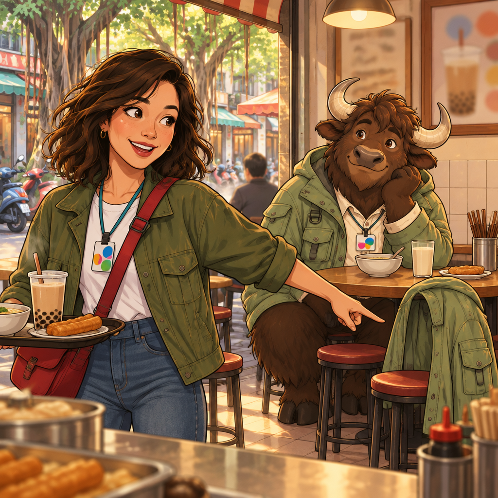 Maya follows A-Li's clue and points toward the raincoat across the shop.
