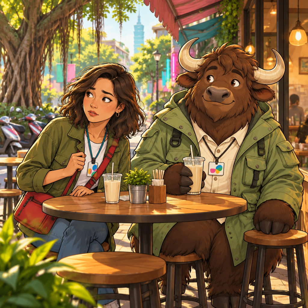 Standing beside the raincoat, Maya looks around the nearby table area with a questioning expression.
