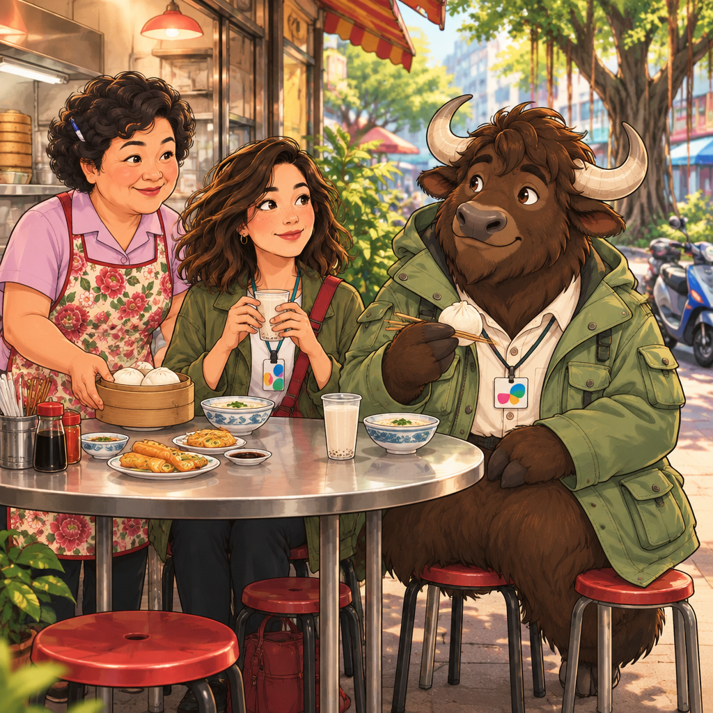 Maya looks around the breakfast shop while Auntie Lin stands nearby, and Ali's partly unfinished soy milk rests on the table.