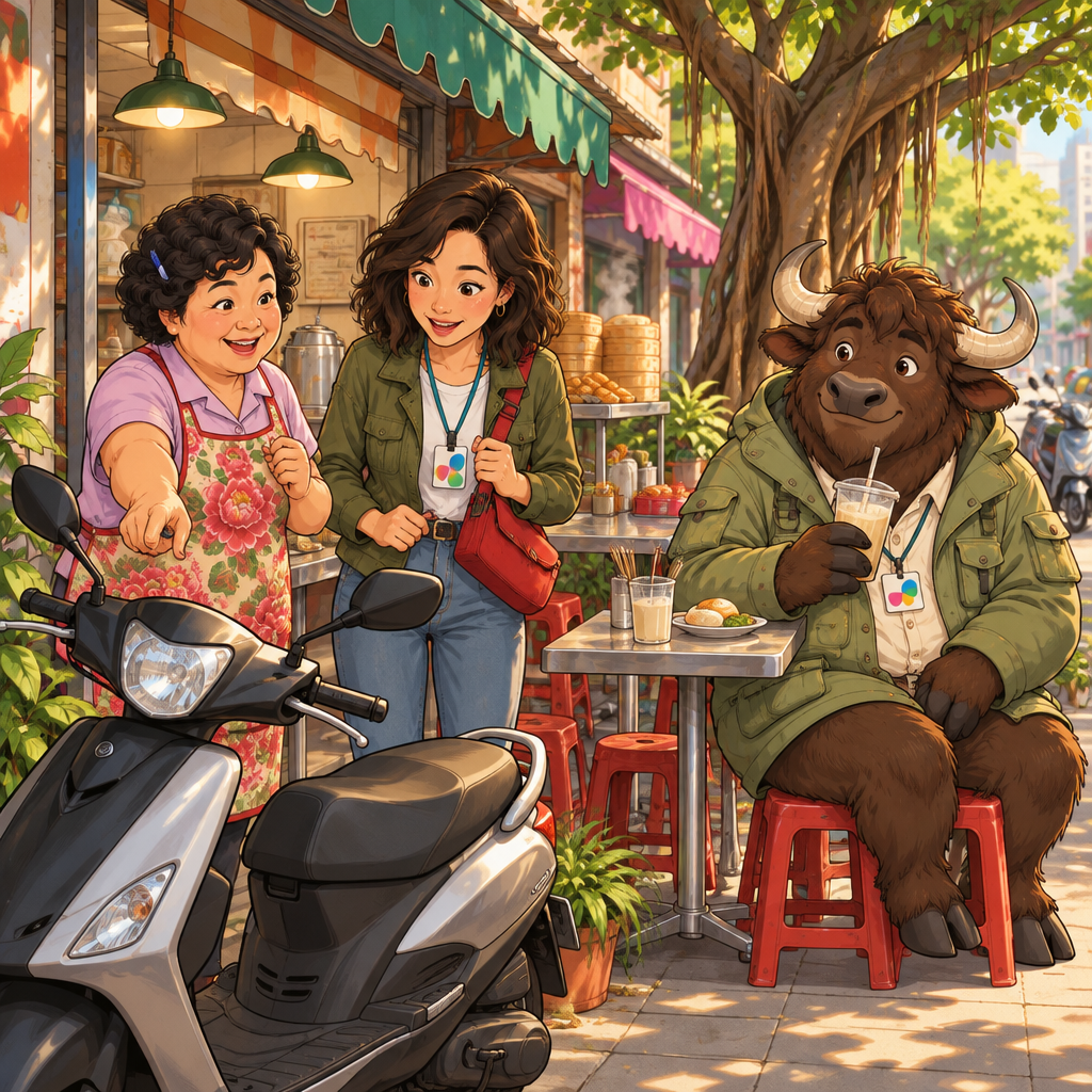 Auntie Lin points out the scooter parked in front of the breakfast shop while Maya looks toward it.