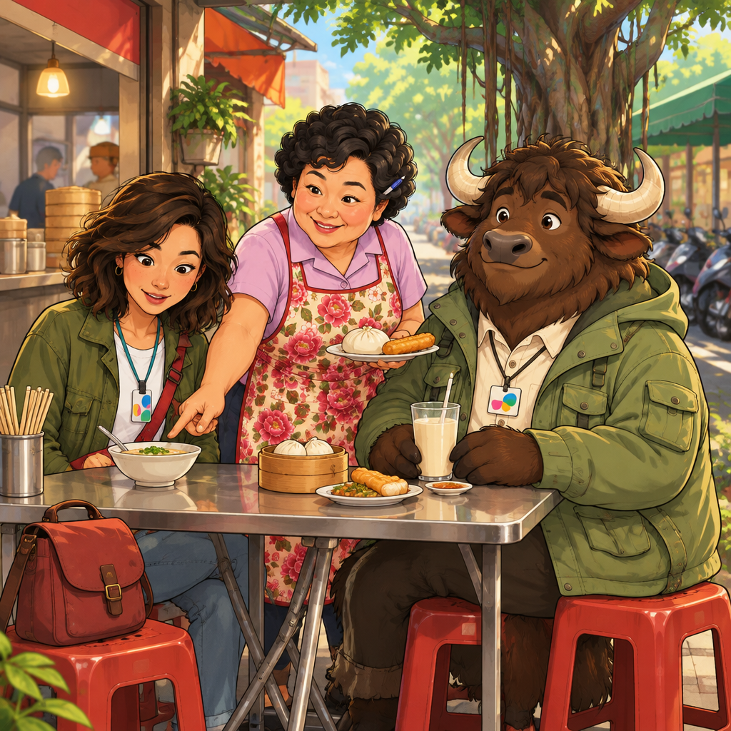 Auntie Lin points to a bag beside the table while Maya follows her gesture.