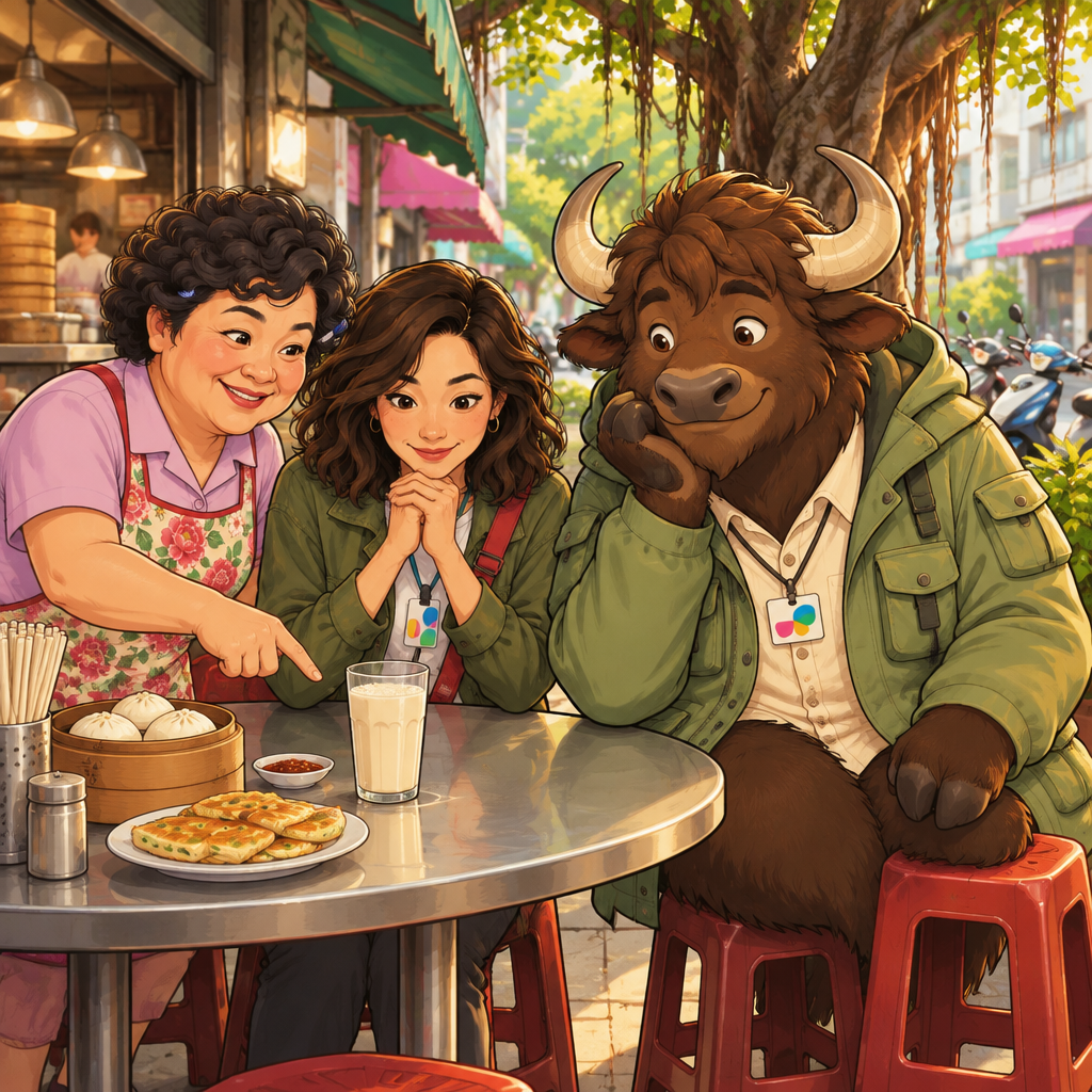 Auntie Lin points to Ali's soy milk on top of the table as Maya looks at the cup.
