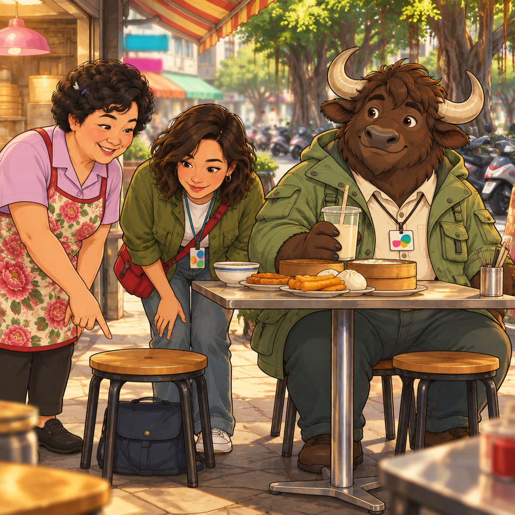 Auntie Lin points to a bag underneath a stool while Maya bends to look beneath it.