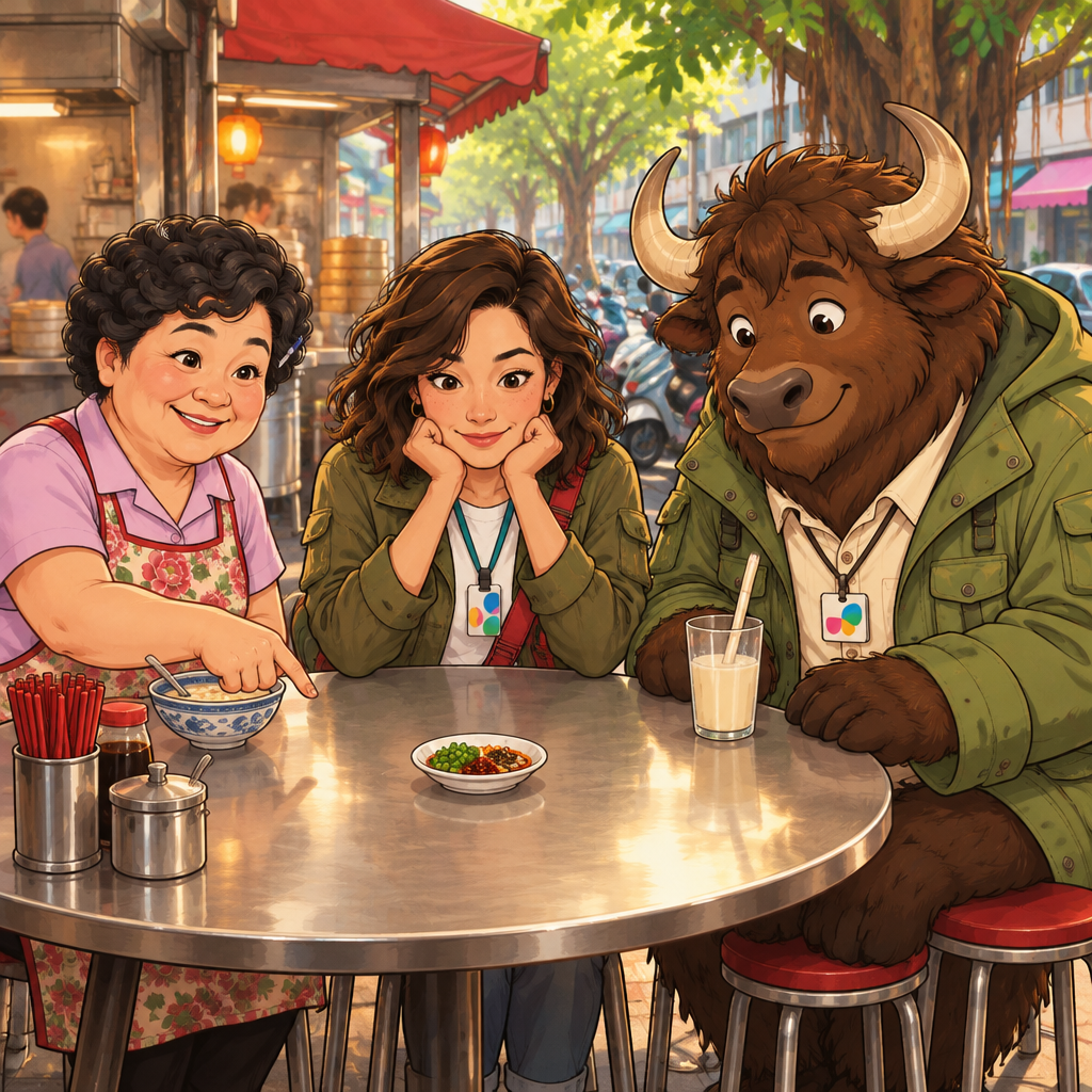 Auntie Lin points to a small dish in the middle of the table as Maya looks toward it.