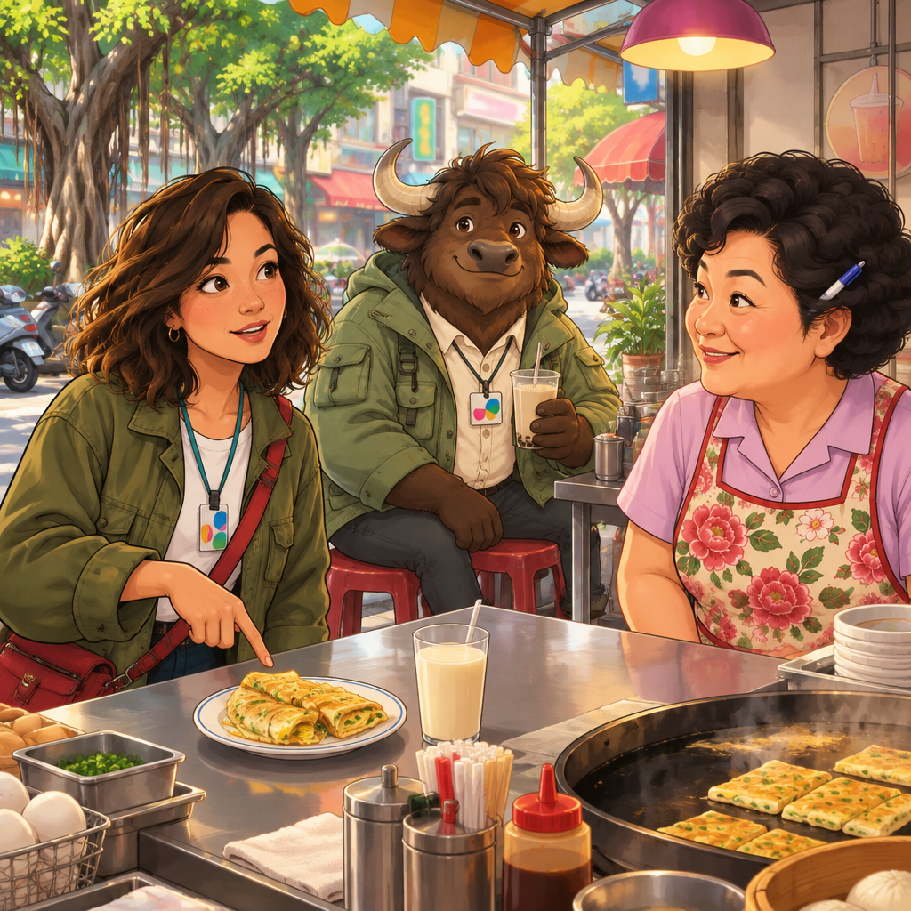 Maya points directly at the egg pancake and soy milk while asking Auntie Lin about their price.