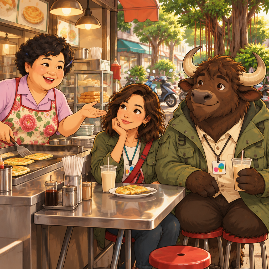 Auntie Lin responds from behind the counter with an open-palmed pricing gesture while Maya listens.