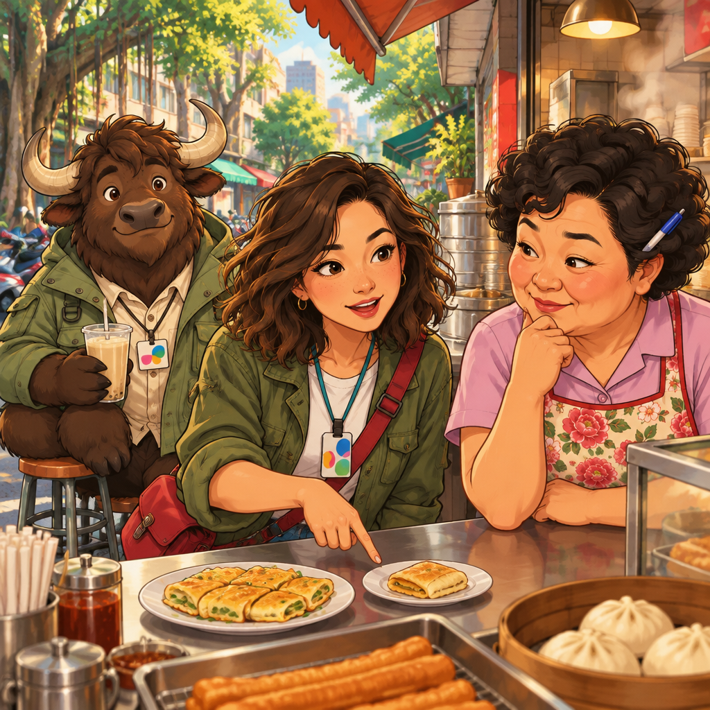 Maya turns toward a simpler breakfast choice and asks Auntie Lin whether there is a less expensive option.