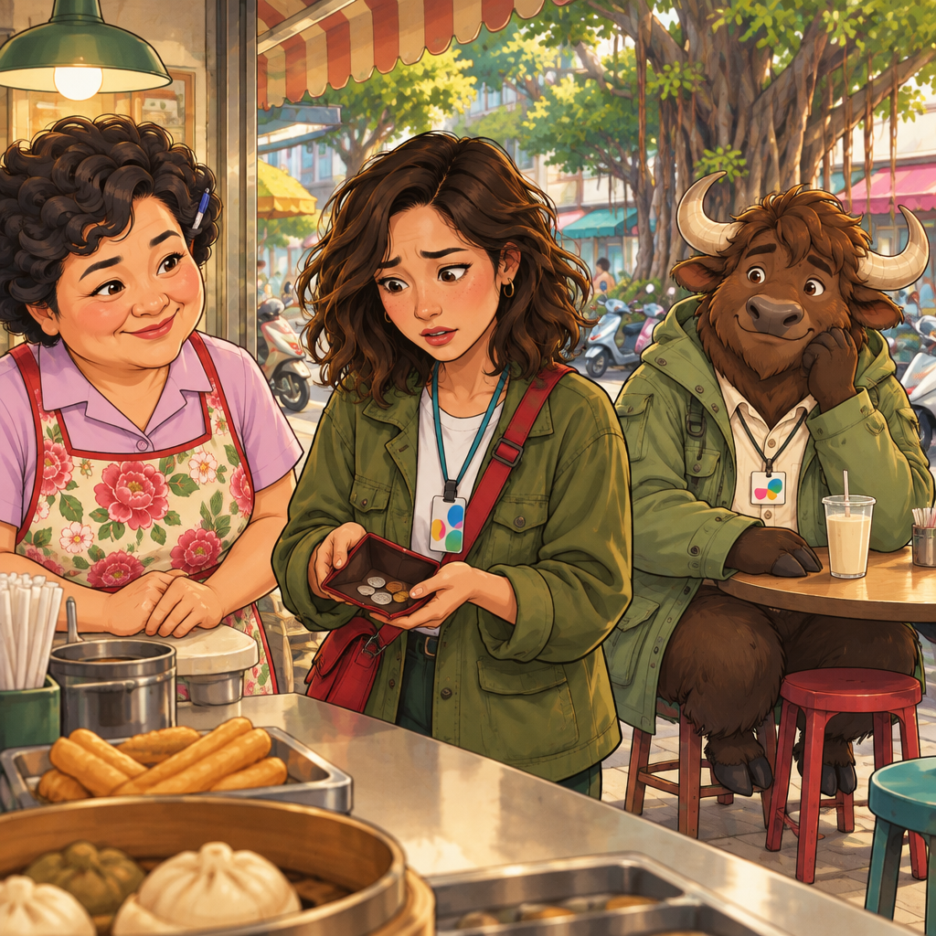 Maya looks into her open wallet and shows Auntie Lin that she has only a few coins.
