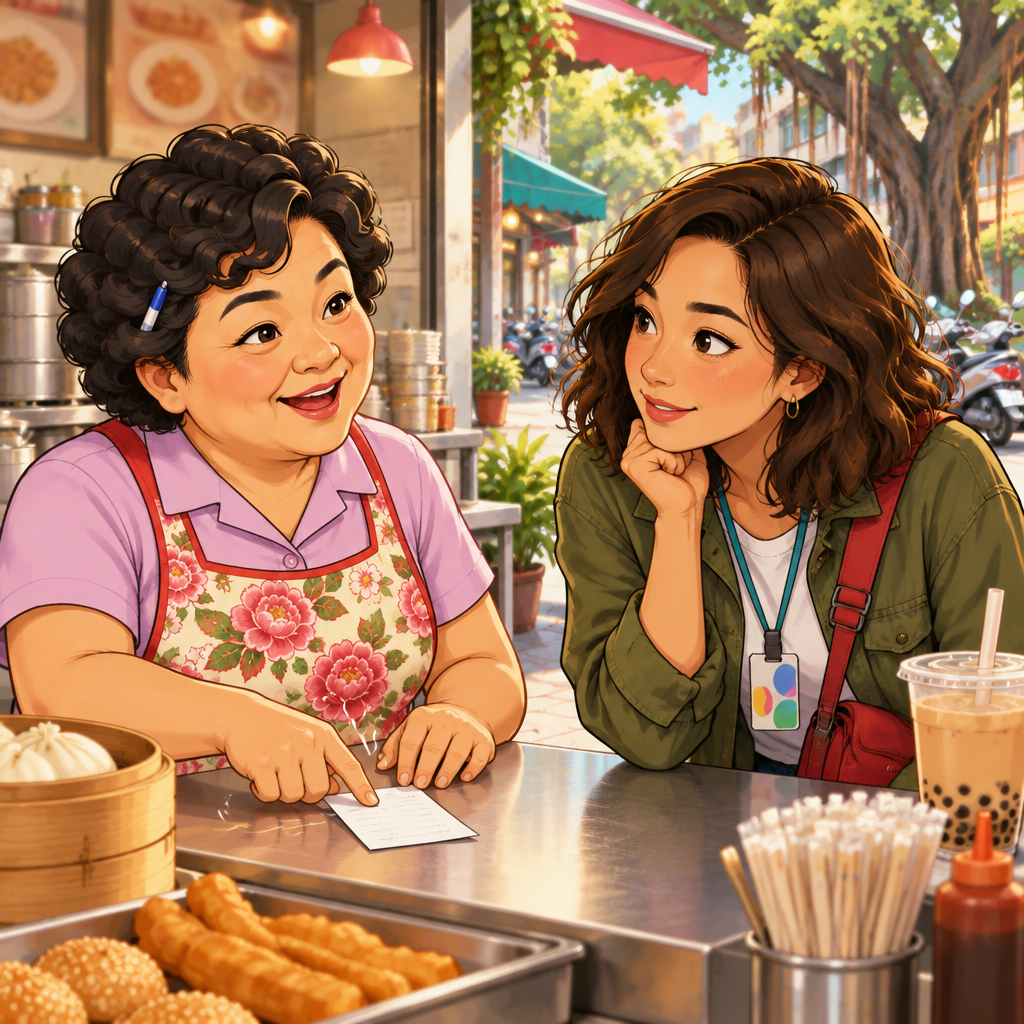 Auntie Lin speaks to Maya while lightly tapping the bill on the counter.