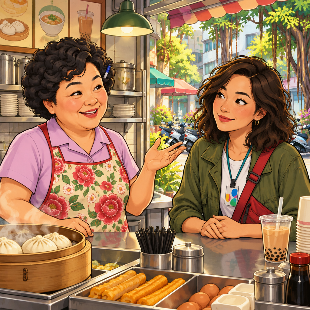 Auntie Lin speaks to Maya with one hand raised while Maya listens across the counter.