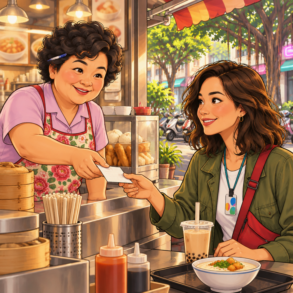 Auntie Lin speaks as she slides a blank bill toward Maya across the counter.
