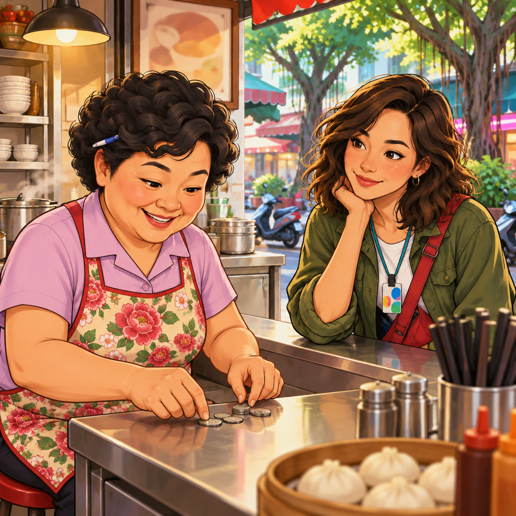 Auntie Lin speaks while arranging a few unmarked coins on the counter for Maya.