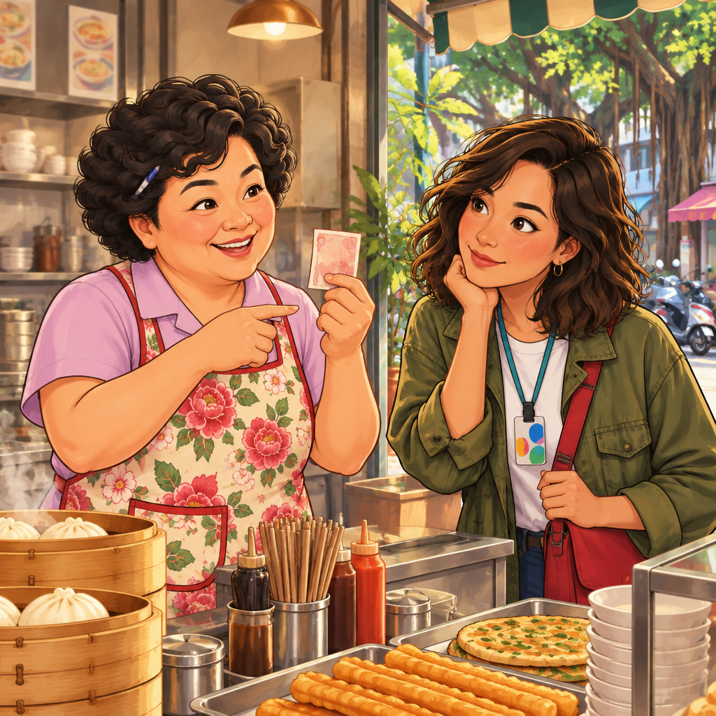 Auntie Lin speaks to Maya while holding up a folded, unmarked bill.