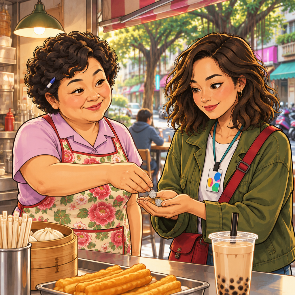 Auntie Lin speaks as she returns a few unmarked coins to Maya across the counter.