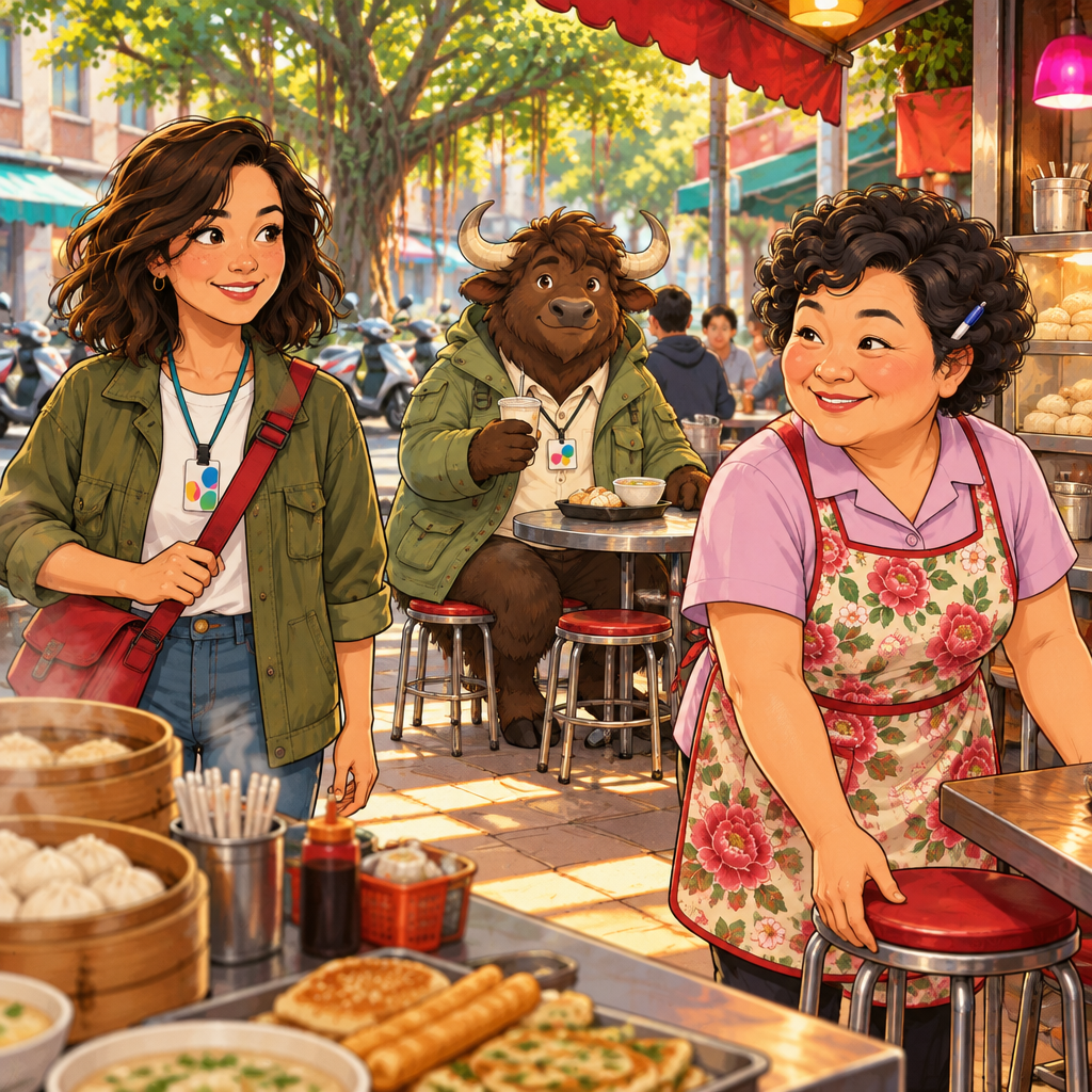 A busy Da’an breakfast shop where Auntie Lin arranges chairs, Maya approaches, and A-Li waits at the back with soy milk.