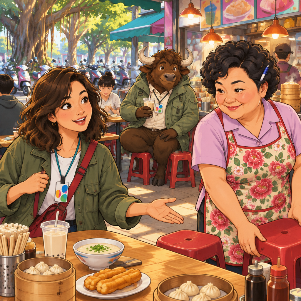 Maya politely asks Auntie Lin if she may sit at an open place while A-Li waits nearby.
