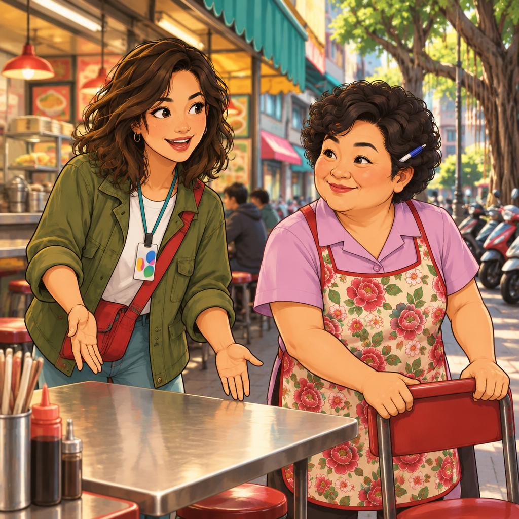 Maya asks Auntie Lin if they can move a table, gesturing toward it while Lin listens.