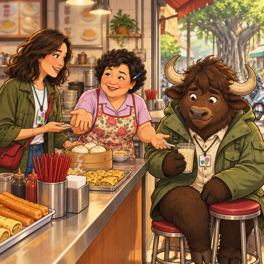 Auntie Lin checks in with Maya at the counter while Ali sits nearby with an unfinished soy milk.