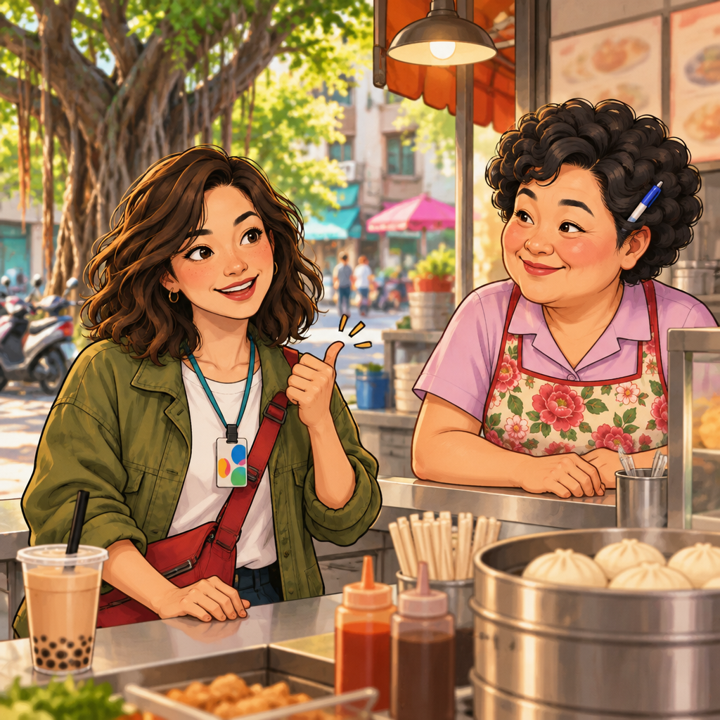 Maya gives Auntie Lin a clear affirmative nod at the breakfast counter.