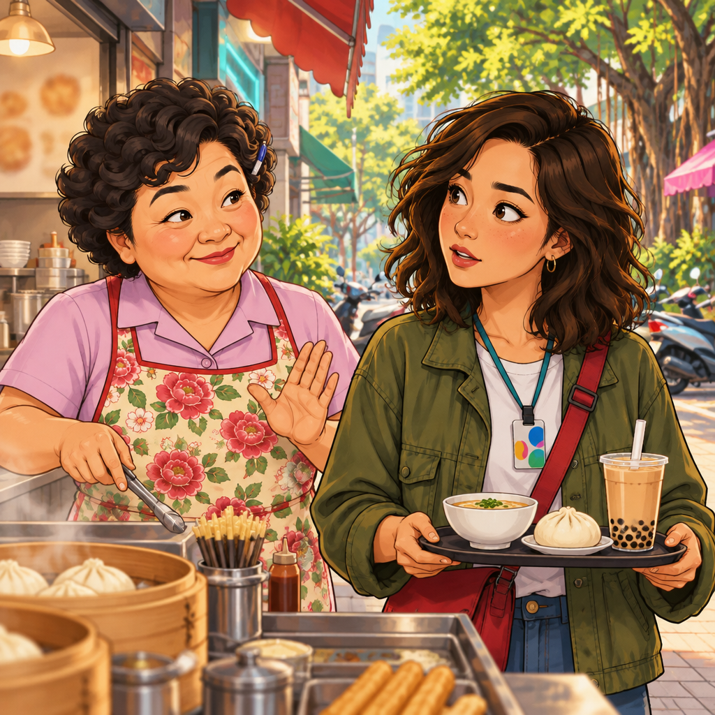 Auntie Lin gently corrects a mistaken assumption while Maya listens.