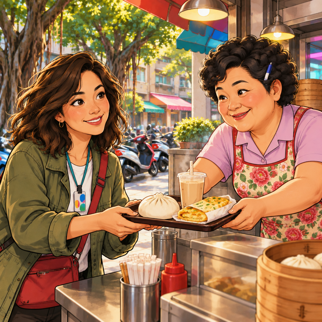 Maya accepts Auntie Lin's offer with a cheerful nod.