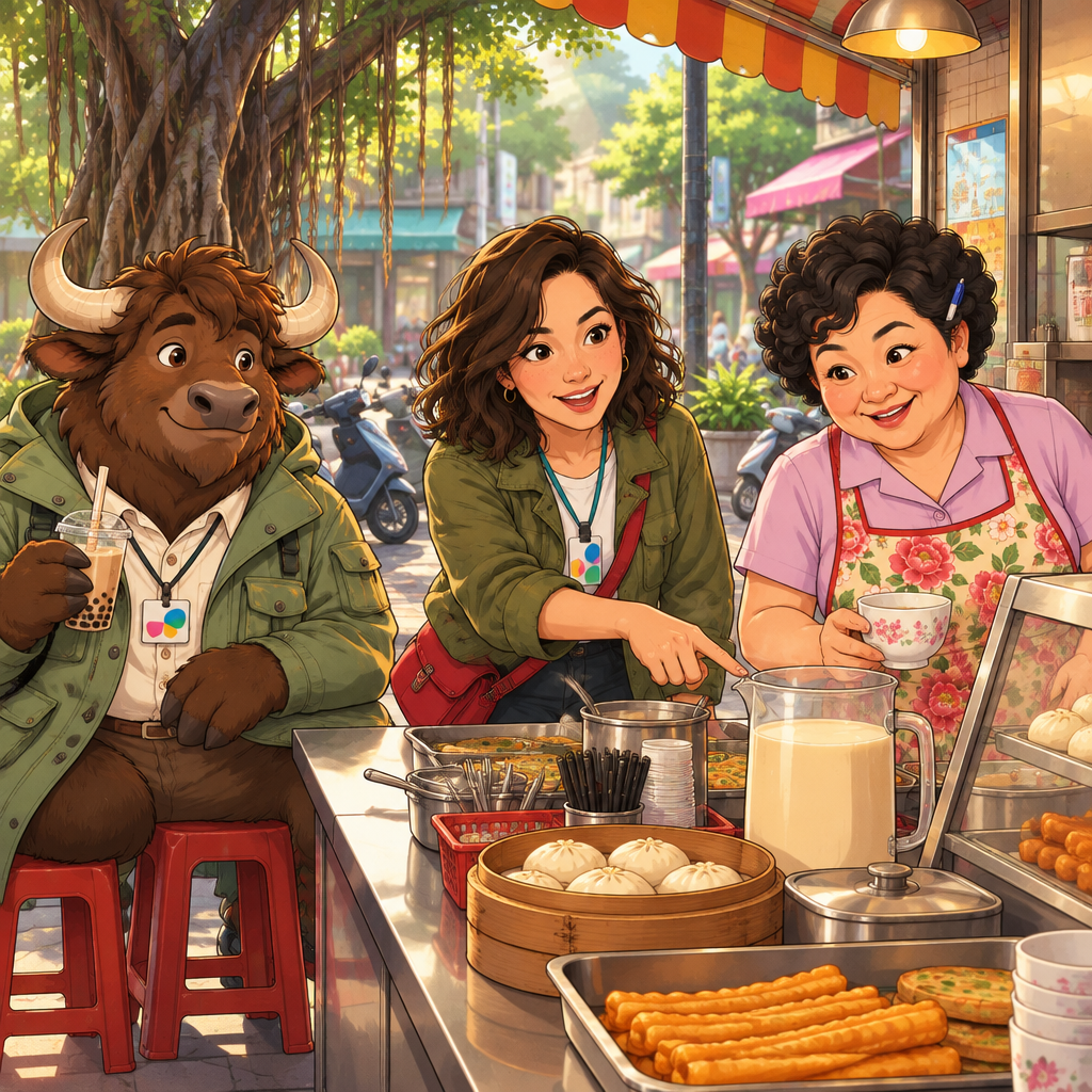 Maya points toward the soy milk pitcher and asks Auntie Lin to confirm her choice.