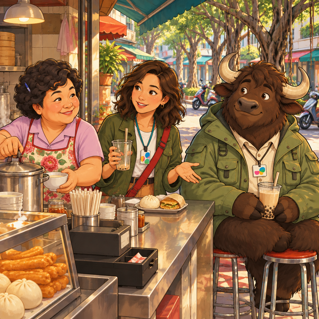 Maya asks Auntie Lin whether the shop has another serving of soy milk.