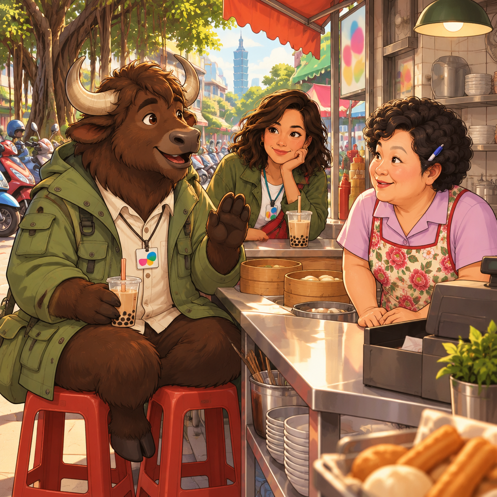 Ali makes a small polite request to Auntie Lin while Maya watches from the counter.