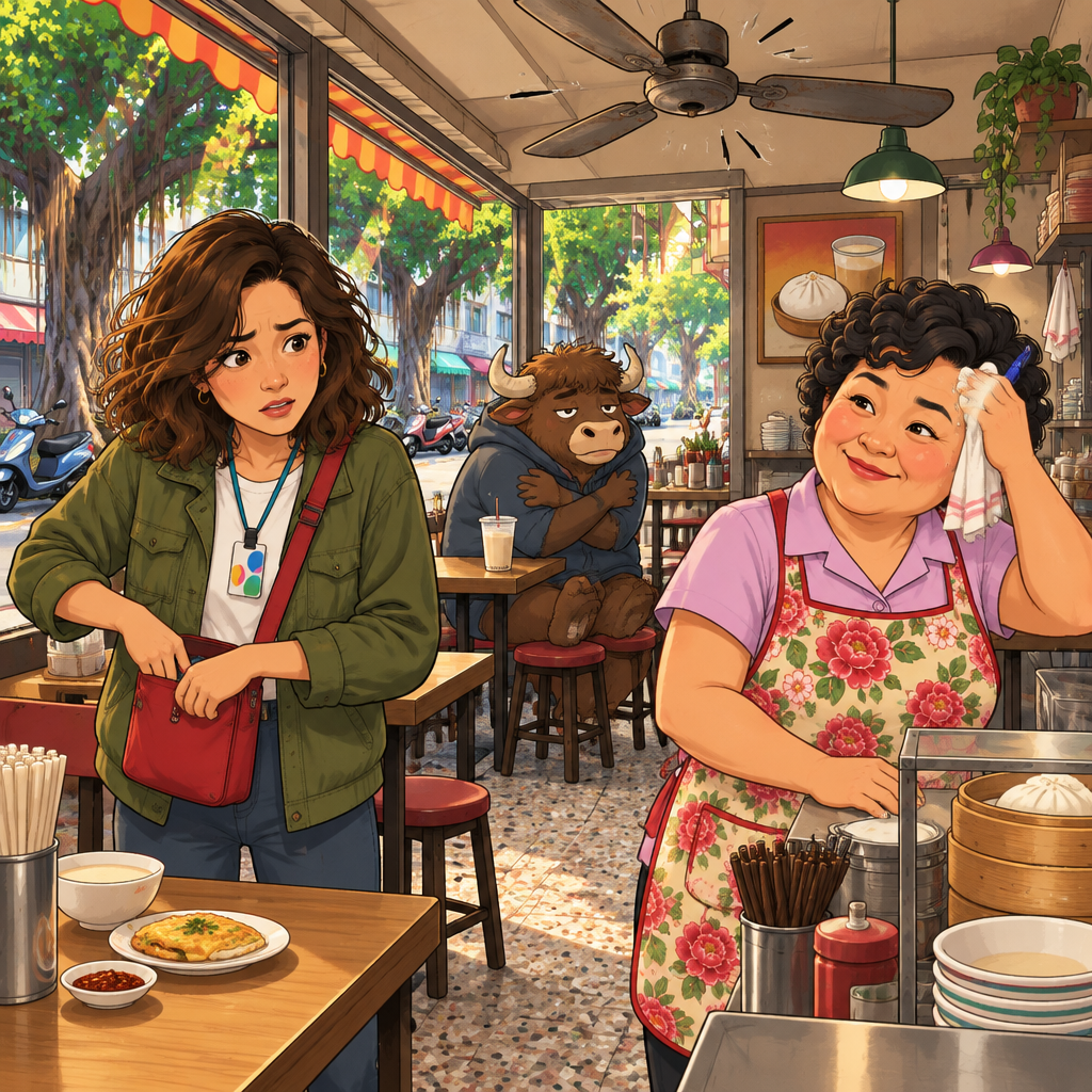 The fan at Banyan Breakfast has stopped working, and the shop feels stuffy. Maya took a wrong turn on her way there and cannot find her phone. A-Li sits at the back with his soy milk. He says the broken fan is fine becau