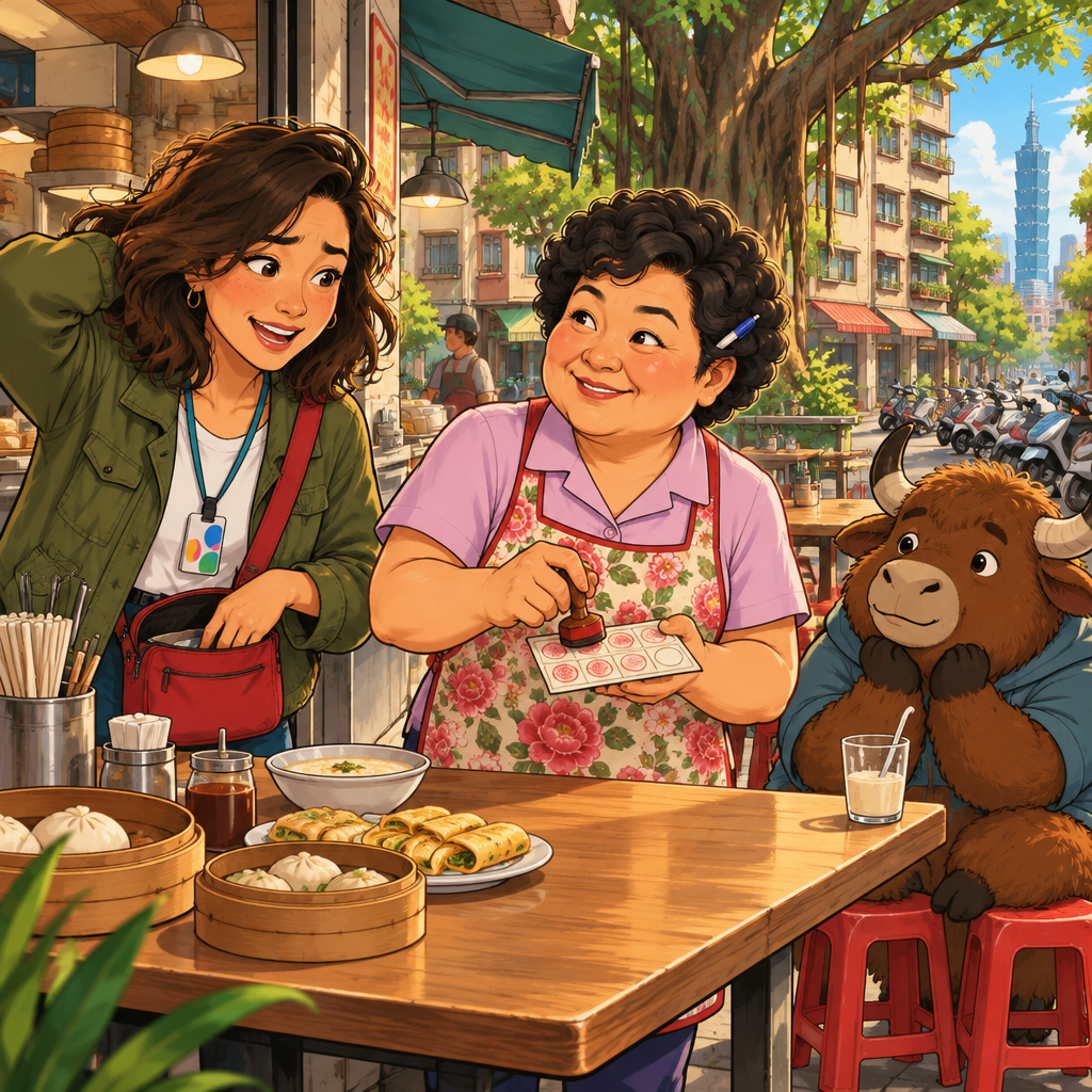 Maya hurries into Banyan Breakfast in Da'an, where Auntie Lin keeps the neighborhood stamp cards. Maya is late, and her own card is nowhere to be seen. A-Li sits nearby on his two stools with his soy milk still unfinishe