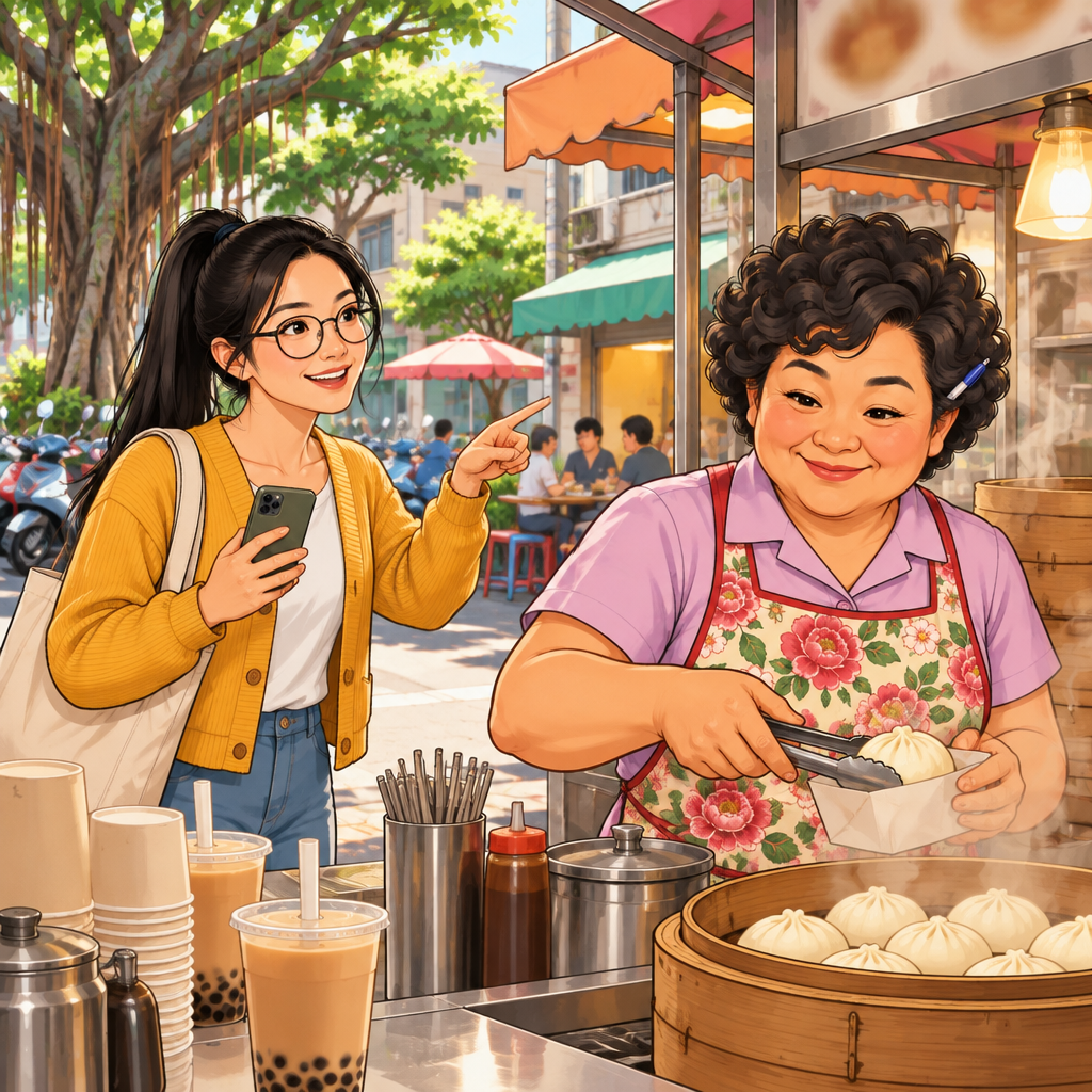 Yijun gestures toward a distant steaming bamboo basket while Auntie Lin works at the counter.