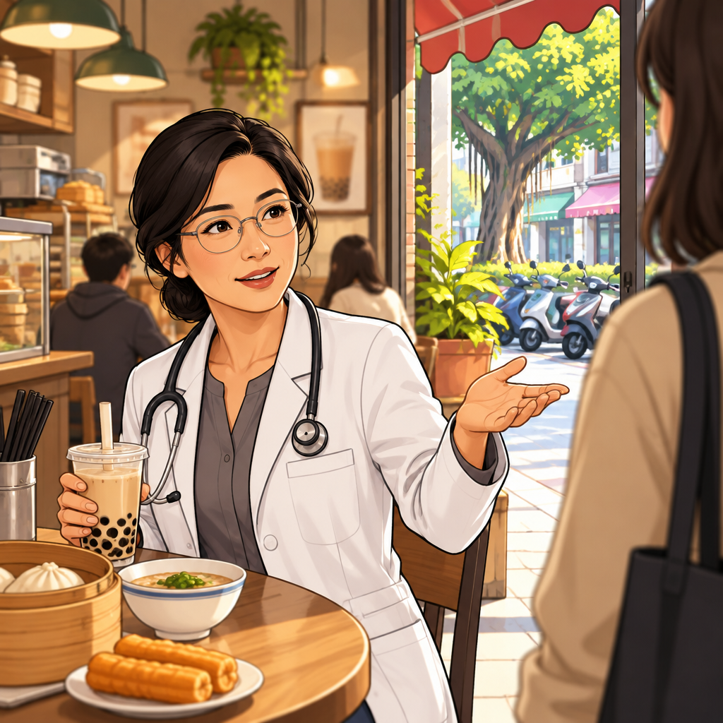 Chen turns toward a newly arrived customer and gestures to ask about the person.