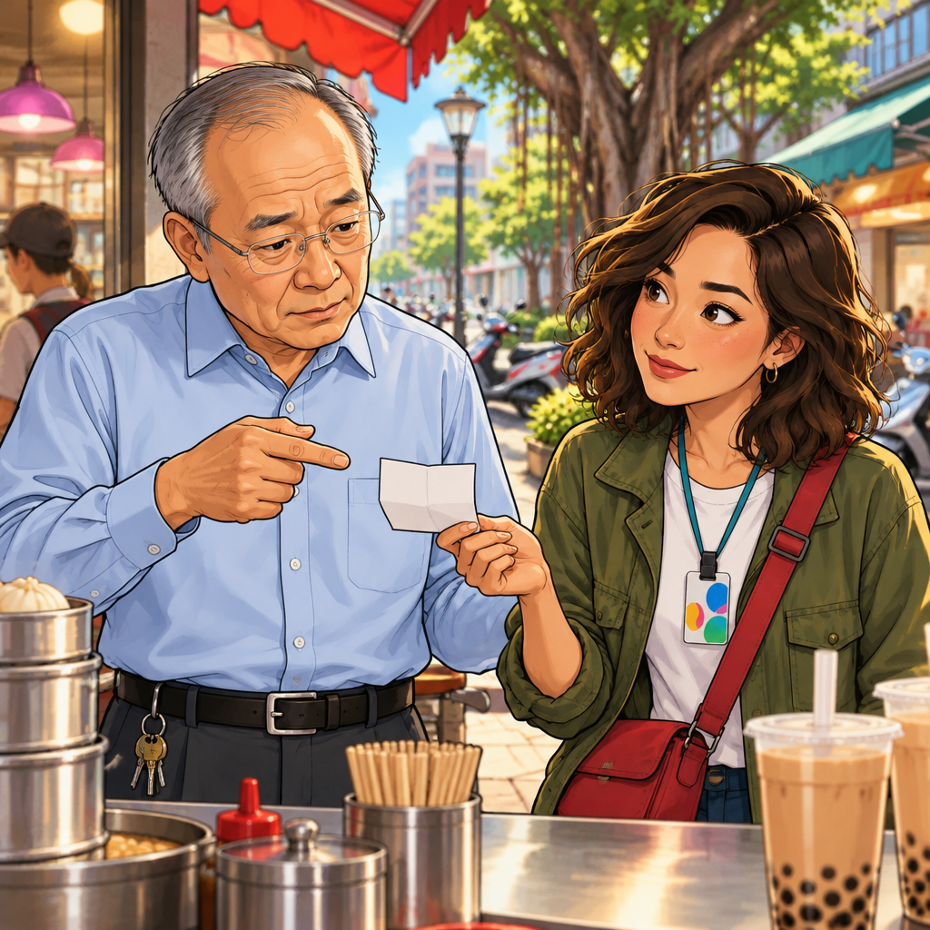 Wang examines the folded paper in Maya's hand and gestures toward it as if asking who owns it.