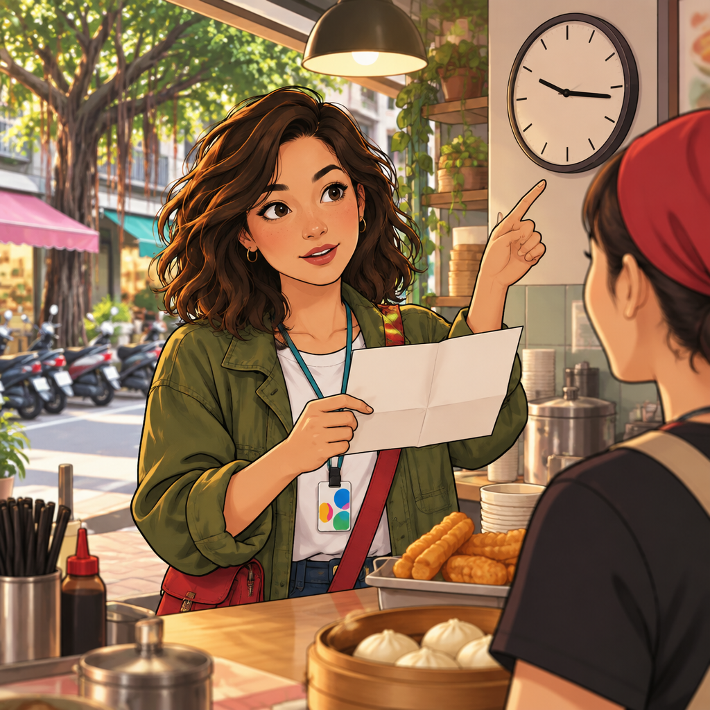 Maya looks between the folded paper and a plain analog clock as she asks about the time of an event.