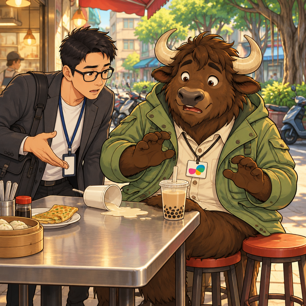 Zhiming leans toward startled Ali and the spilled soy milk with a concerned expression.