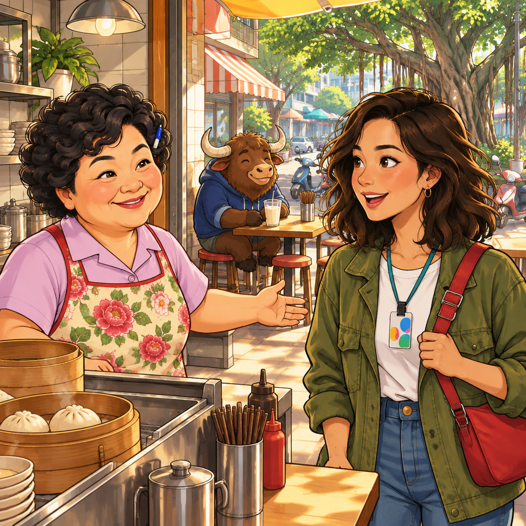 Morning light reaches the counter at Banyan Breakfast in Da'an. Auntie Lin welcomes Maya, while A-Li sits at the back with his soy milk beside him. He knows the shop well, but Maya has only just arrived. The greetings ar