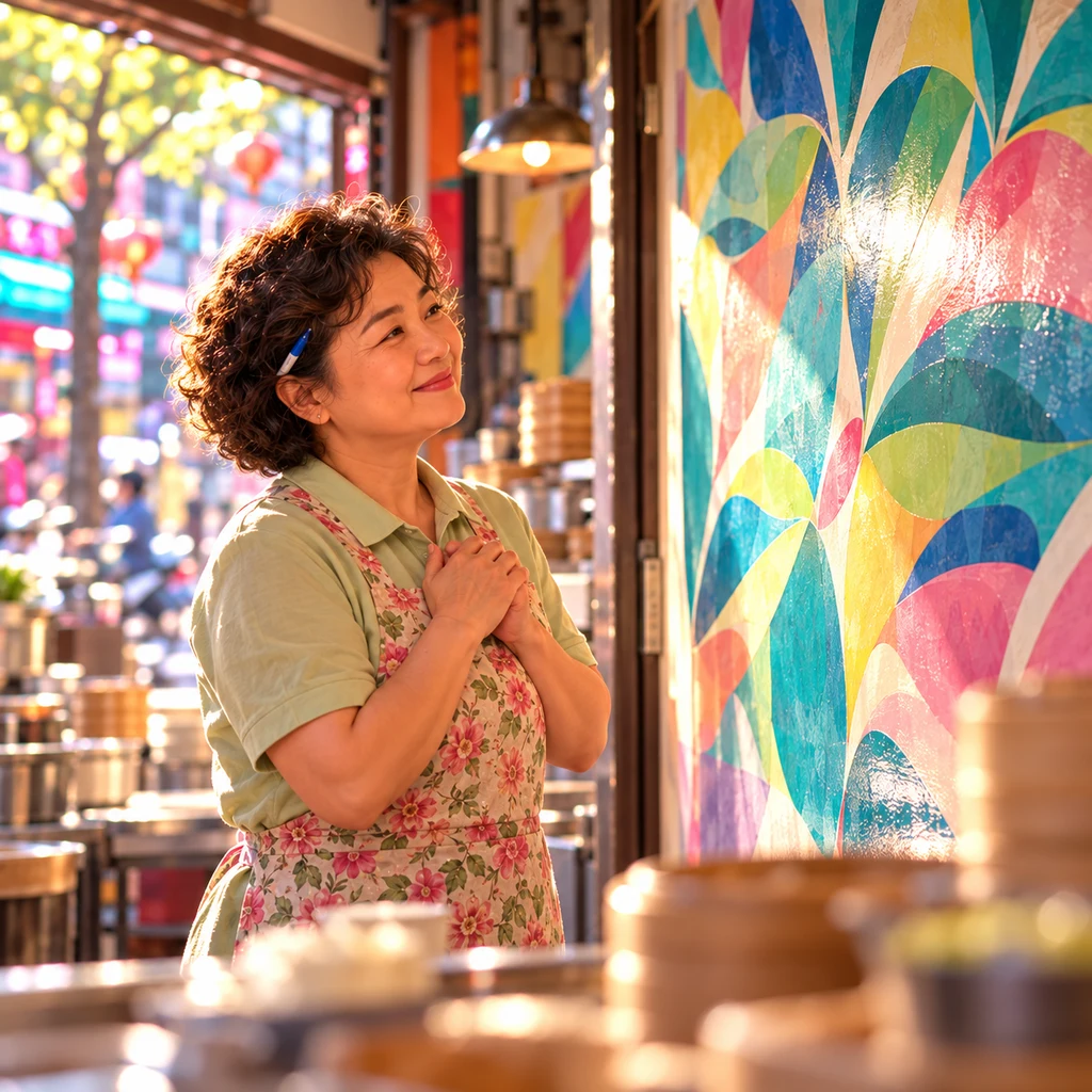 Auntie Lin faces the new mural with clasped hands and a pleased, approving look.