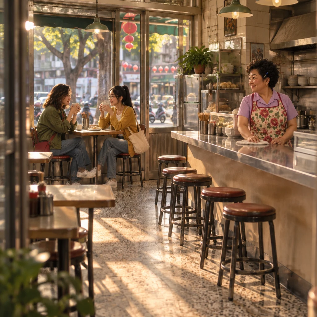 Maya and Yi-Jun sit small at a window table in late-afternoon Banyan Breakfast while Auntie Lin wipes the counter.