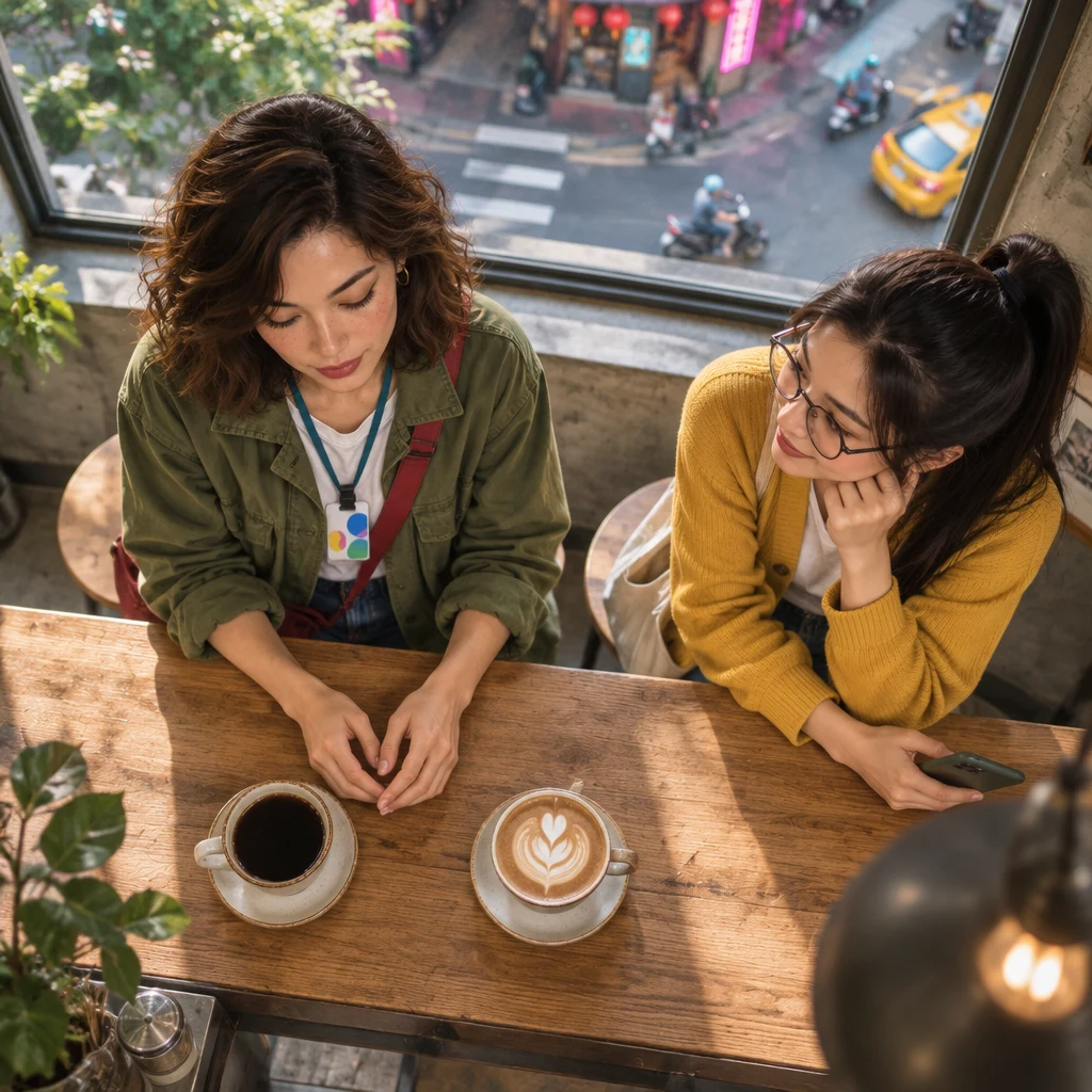 From above, Maya sits at the window with hands stalled between two breakfast cups while Yi-Jun watches from the far stool.
