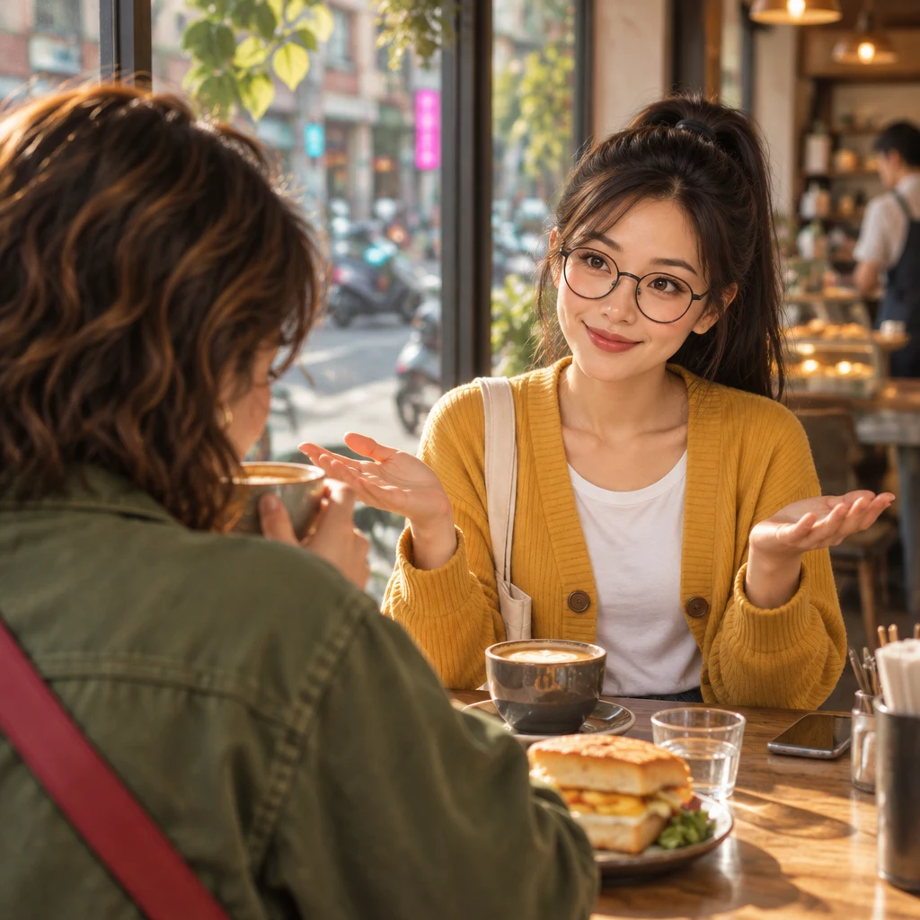Over Maya's shoulder, Yi-Jun holds both palms open as if weighing two options while Maya looks into a drink.