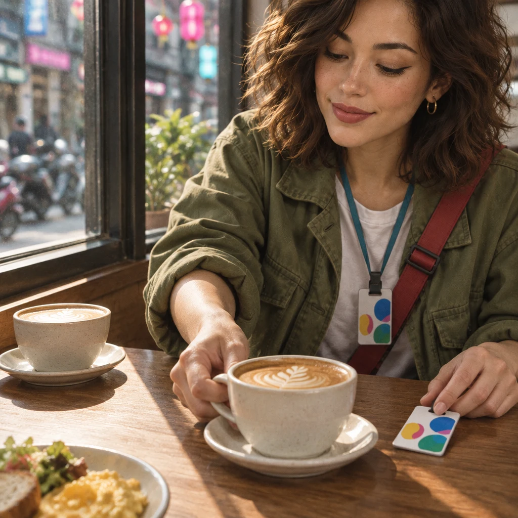 Maya draws the nearer cup and a transit card across the table and leaves the farther cup untouched.