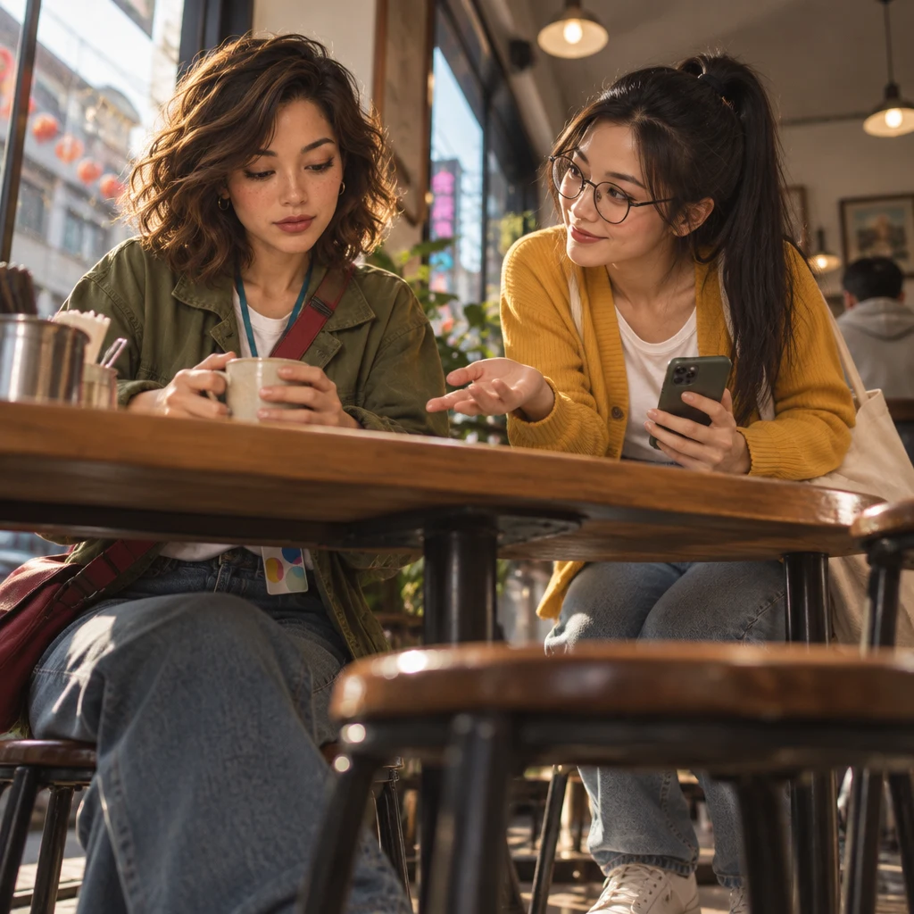 From low beside the table, Yi-Jun leans forward with an open hand toward Maya, who looks down at the cup already pulled close.